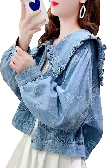 Womens Denim Jacket, G-Jean, Short Length, Jacket, Large Collar, Cute, Blouson, Loose, Casual, Jumper, Denim Outerwear, Stylish, Jean, Korean Style Damaged