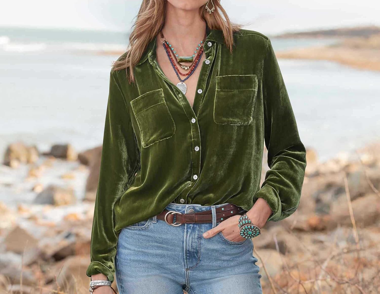 R.Vivimos Womens Winter Velvet Long Sleeve Button Down Casual Tops Shirts - Image 4