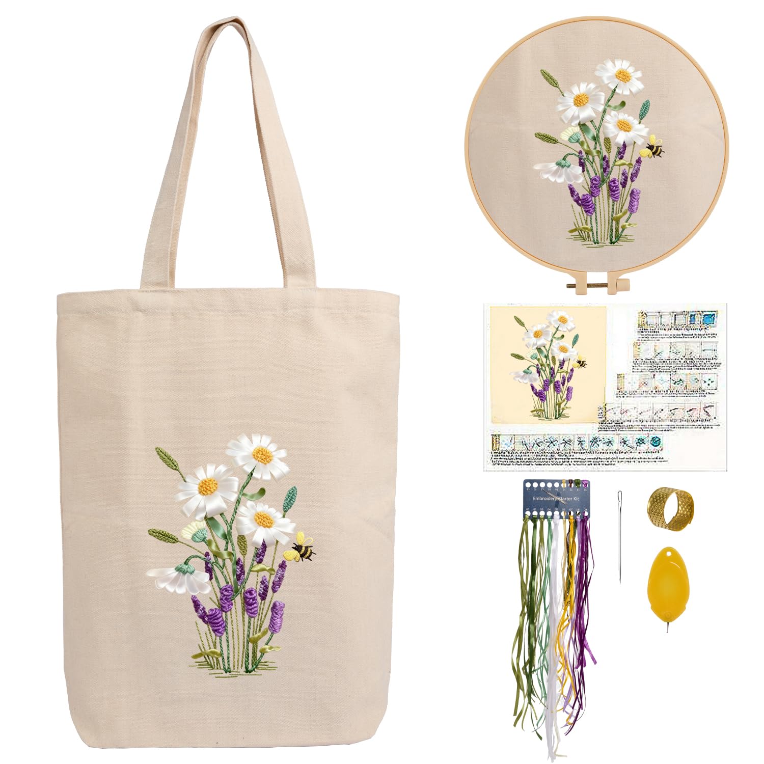 CREAWONDER Hand Embroidery Kits for Bag, Embroidery Kit Bag with Pattern for Beginners, Arts and DIY Embroidery Crafts Kits for Adults, Include Instructions, Embroidery Hoops, Color Threads and Tool