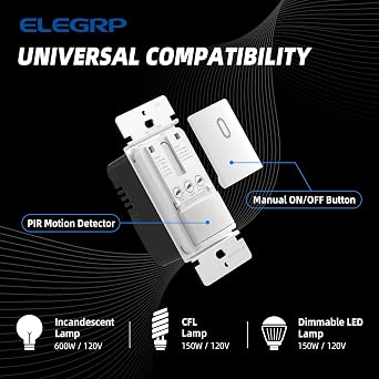 ELEGRP Single Pole Occupancy Motion Sensor Light Switch, PIR Infrared Motion Activated Switch, Need Grounding Wire, No Neutral Wire, for CFL/LED/Incandescent, with Plate, UL(2 Pack, Matte White)