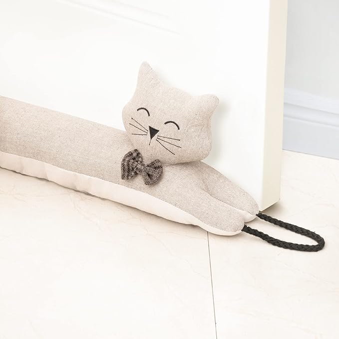 Marwood Under Door Draft Stopper Decorative Wind Stopper 30 inch for Door & Window, Weighted Animal Air Draft Stopper Snake Noise Blocker for Bottom of Door with Hanging Loops - Khaki Cat