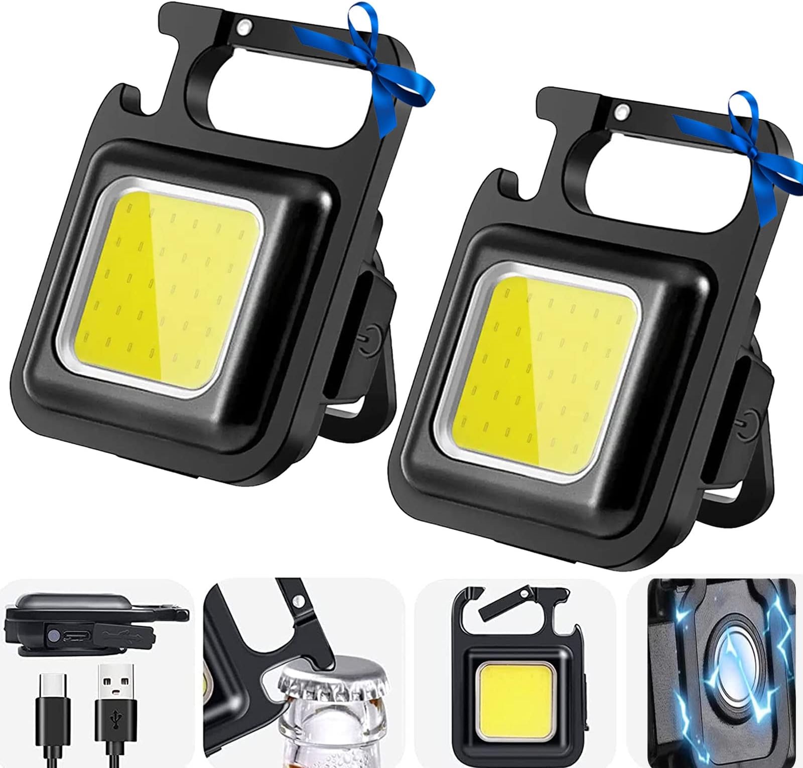 KomirePocket Flashlight Keychain, 2PACK 800 Lumens COB Small Rechargeable Keychain Flashlights, 4 Modes Working Light with Folding Bracket Bottle Opener and Magnet Base for Camping