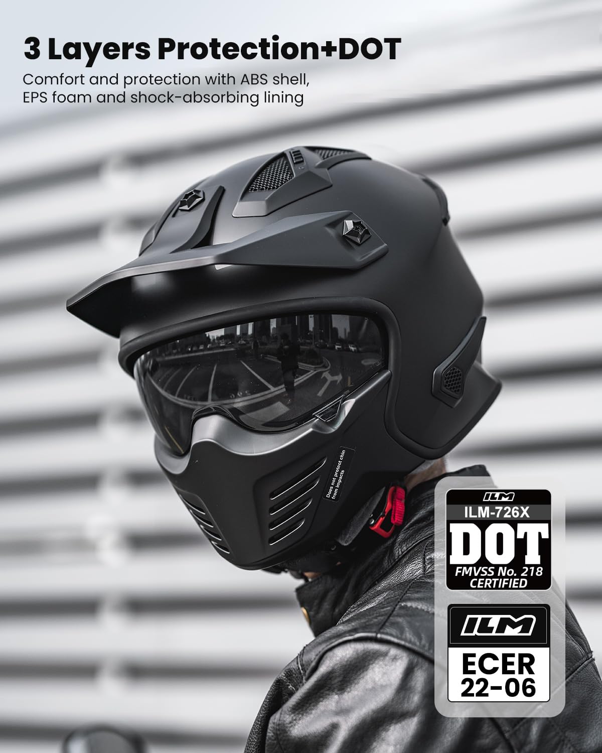 ILM Motorradhelm Jethelm Integralhelm Streetfighter Chopper Roller Vintage Motocross Helm ECE22.06 DOT Mit Abnehmbarem Kinnschutz