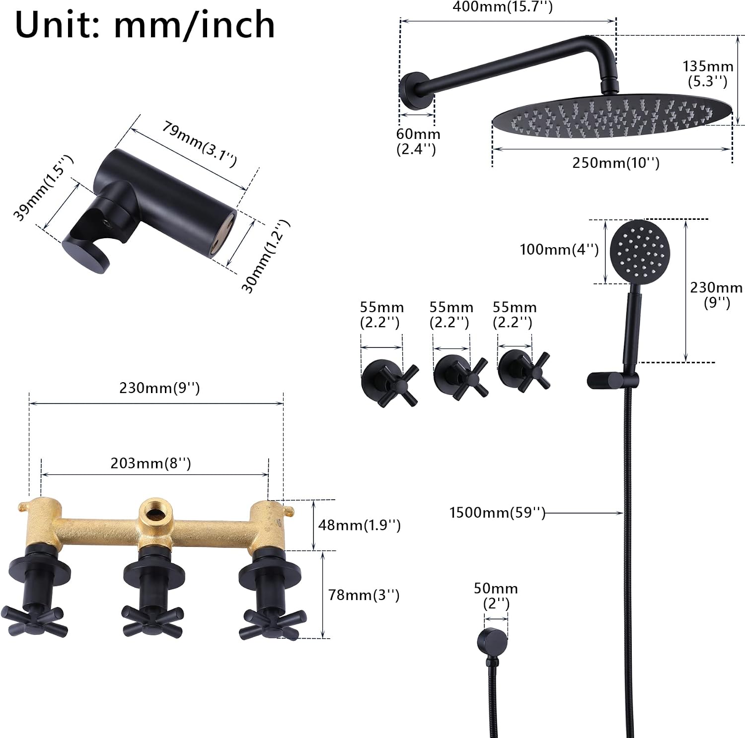 3 Handles Shower Faucet Set with Hand Shower,10 inches Rain Shower Head with Handheld Shower Combo Set,Wall Mounted,Matte Black