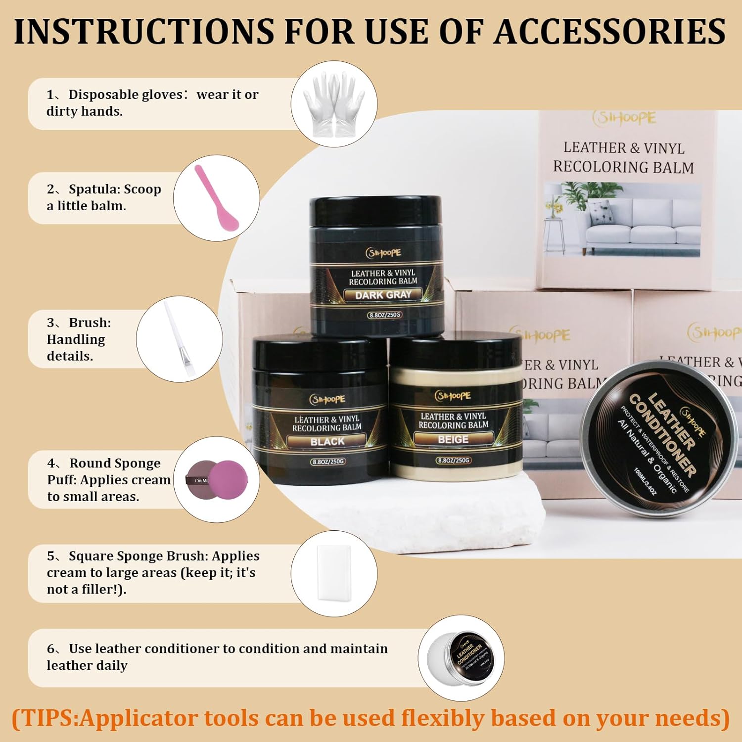 8.8oz Leather Recoloring Balm with 100ml Mink Oil,White Leather Repair Kit for Furniture,Leather Repair Cream,Leather Scratch Repair for Car Interior,Leather Conditioner for Couch - Image 9