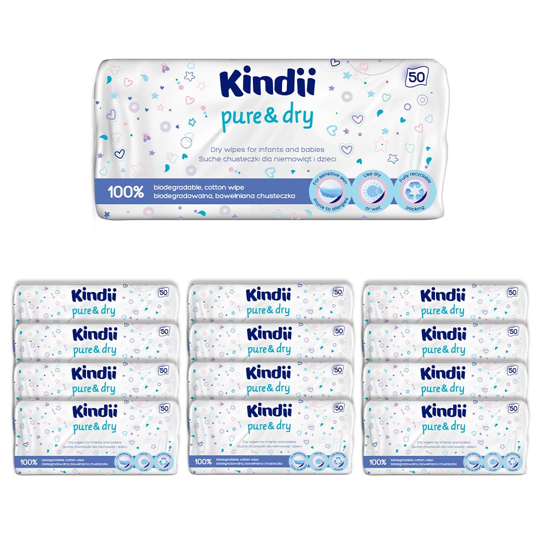 Kindii Toallitas secas para bebé Pure&Dry - (50 Piezas) Toalla facial desechable - Toallitas a granel, accesorios para bebé, multifuncional, 100% algodón - 50 Piezas — view 9