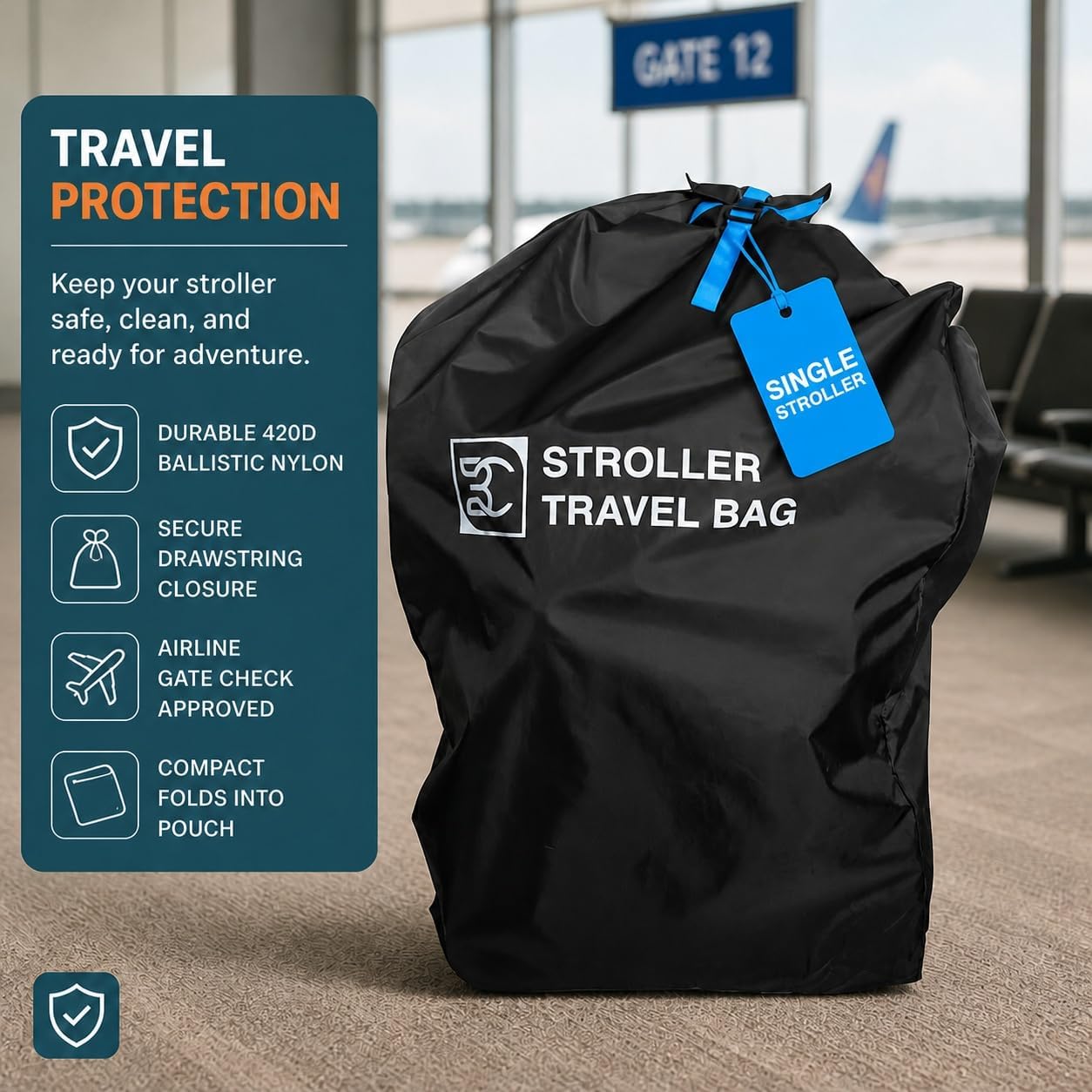 Heavy Duty Single Stroller Gate Check Bag for Airplane Travel [45x20x12 in] – 420D Waterproof Nylon, Padded Backpack Straps | Fits Baby Jogger, UPPAbaby, Graco & Most Single Strollers | NOT for Double image 5