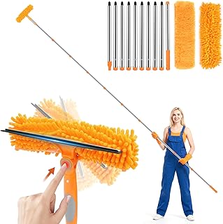 Fensterwischer mit Teleskopstiel 2 in 1, 4.5m Teleskop Fensterwischer Abzieher Set, 270° Drehbarer Bürstenkopf, Teleskopstange Fensterreinigung für Innen/Außen Fenster, Auto