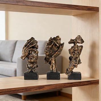 3 Pcs Thinker Statue,Silence is Gold Abstract Art Figurine,Modern Home Resin Sculptures Decorative Objects Decor for Home Office Bookshelf Desktop (Copper)