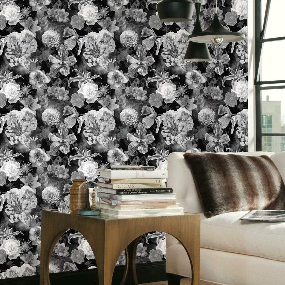 RoomMates RMK11718RL Black and White Vintage Floral Blooms Peel and Stick Wallpaper