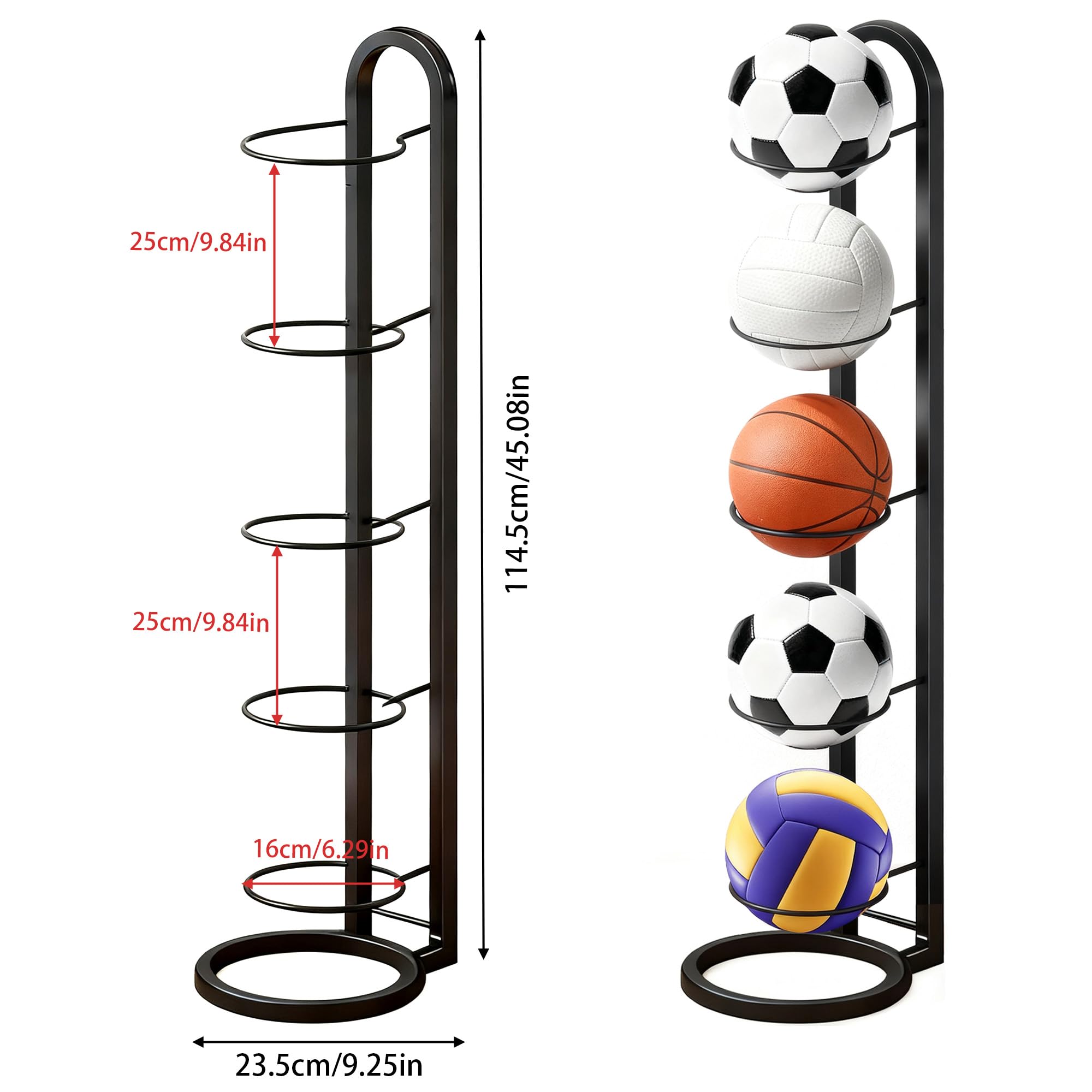 Support de Rangement pour Ballon à 5 Niveaux, Support Ballon Basket en Métal, Rangement pour Balles de Garage, Adapté au Basket-Ball, au Volley-Ball et au Football (Blanc)