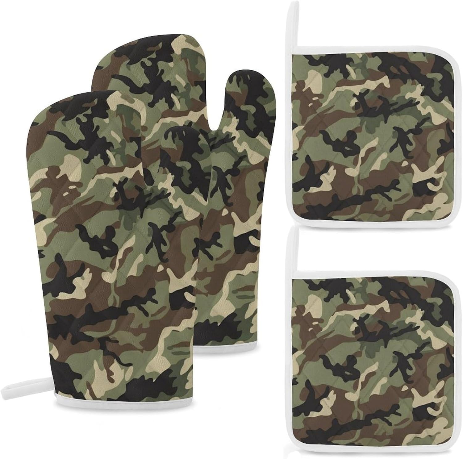 Camouflage Pattern Oven Mitts and Pot Holders Sets 4 Non-Slip Kitchen Potholder High Heat Resistan Oven Gloves Water Resistant Coaster Set Long Oven Mitts for Cooking