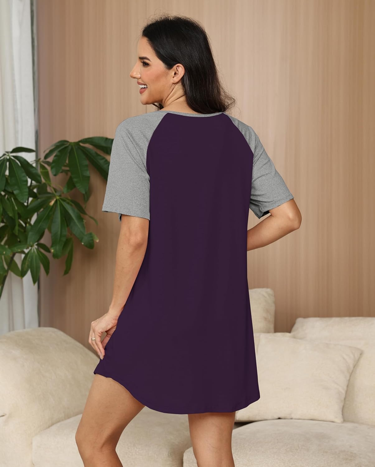 Womens Nightgown Raglan Short Sleeve Soft Sleepshirt Crew Neck Night Shirts Boyfriend Pullover Pajama Dress