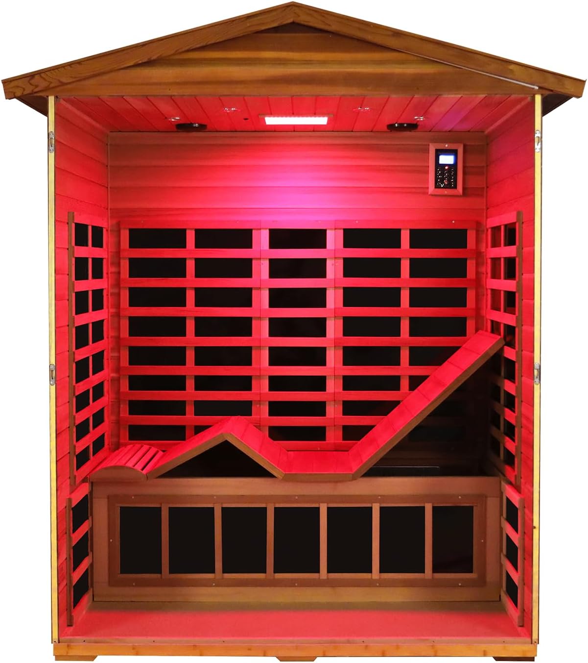 Low EMF Far Infrared Sauna for Home, Mahogany 3 Person Outdoor Infrared Sauna with Recliner, 1950w, LCD Control Panel, Bluetooth Speaker, Reading Lamp, Chromotherapy Lamp and Mid Infrared Beauty Lamp