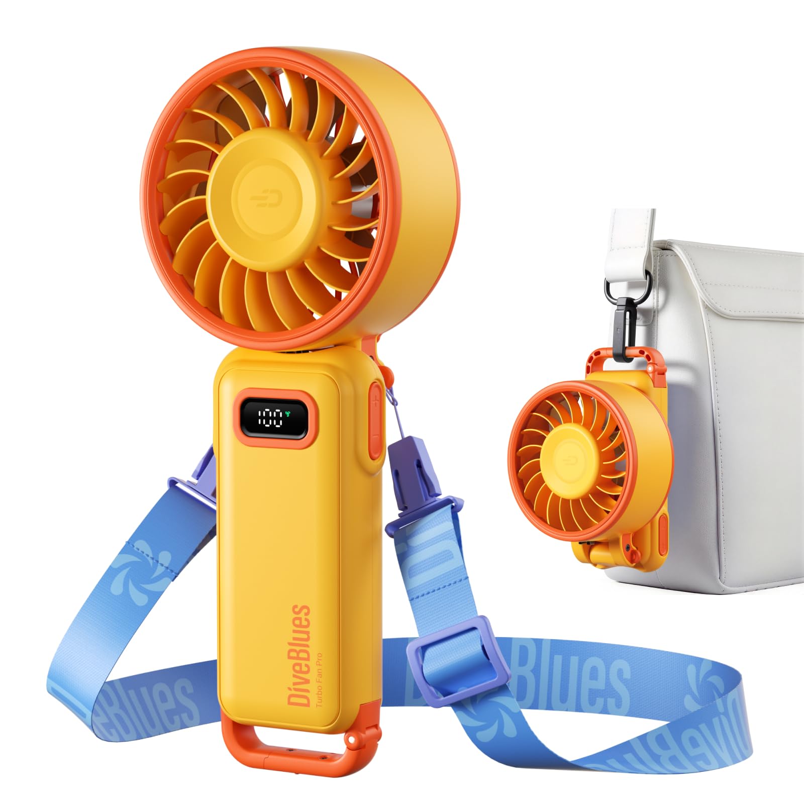 Diveblues Ventilador de Mano Turbo Portátil, 100 Velocidad, Flujo de Aire Potente de 7,4 m/s, Mini Ventilador Plegable 180° 4-en-1 para Mano, Cuello o Mesa, Recargable para Verano, Viajes y Exterior — view 12