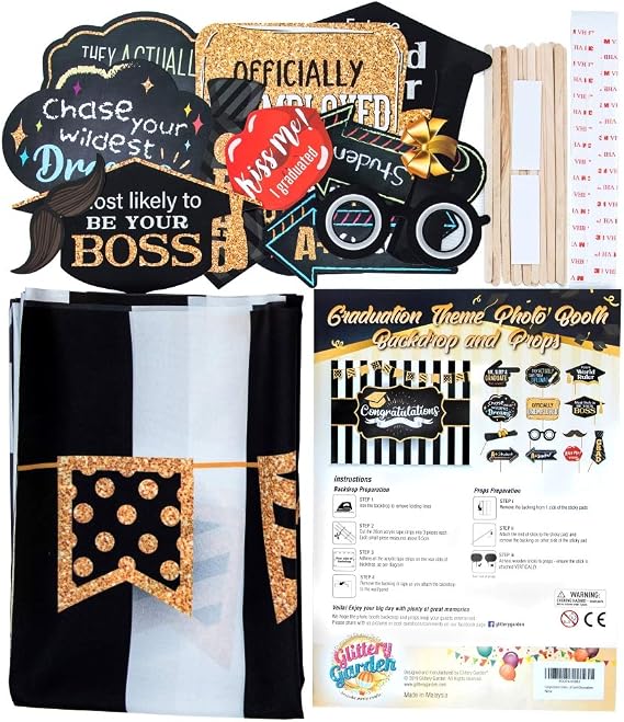 2026 Graduation Party Backdrop - Classy Black, White and Gold Theme Photography Fabric Backdrop and Studio Props DIY Kit. Great as Photo Booth Background Party Supplies and Prom Banner Decorations