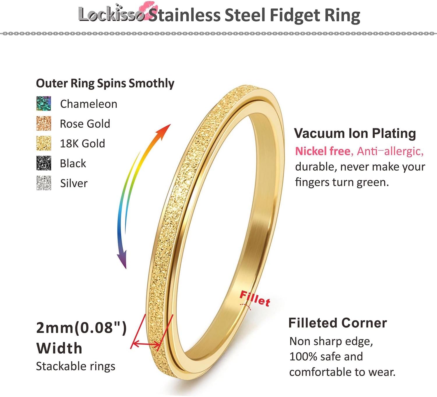 Fidget Spinner Rings for Anxiety Women Kids Stainless Steel Stackable Stacking Worry Stress Relief Rotating Spinning Ring 2MM 5PCS