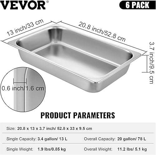 Miniatura 7 de Vevor - Sartenes de hotel de tamaño completo de 4 pulgadas de profundidad, bandeja de vapor para mesa de vapor, paquete de 6, calibre 220.031 in de