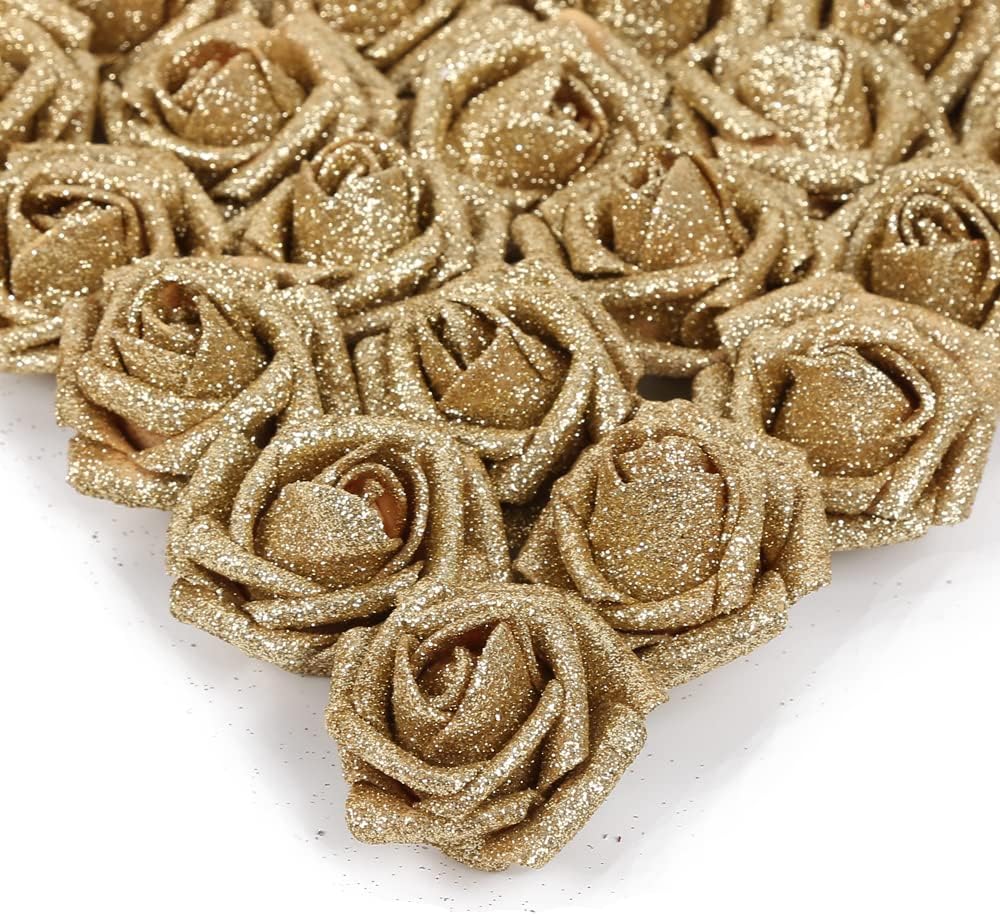 IPOPU Glitter Roses,25PCS Gold Roses Artificial Flowers Fake Rose with Stem for DIY Wedding Bridal Bouquet Home Party Decoration(Gold)