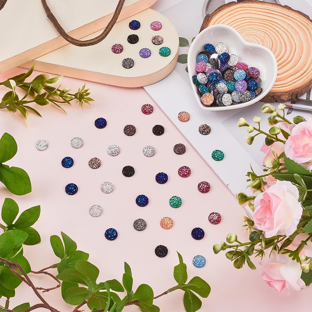 SUNNYCLUE 1 Box 140Pcs 14 Colors Druzy Cabochon 10mm Round Resin Colorful Flatback Dome Gems Faux Druzy Flat Back Glitter Cabochons for Jewelry Making Earrings Pendant Supplies DIY Crafts - Image 4