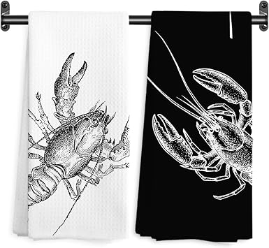 Vintage Lobster Coastal Beach Kitchen Towels, Navy Blue and White Ocean Crawfish Decorative Hand Towels for Bathroom Kitchen, Nautical Dish Tea Towel Drying Cloth, 16x24 Inch Set of 2 Black