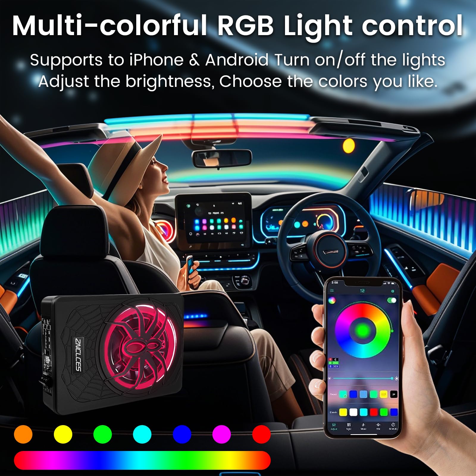 2025 Upgraded 10" 1200W Slim Under Seat Powered Car Subwoofer with Colorful LED Ambient Lights, Car/Truck Audio Sub Built in Amplifier Outstanding Heat Dissipation, Powerful Bass for Passion Driving