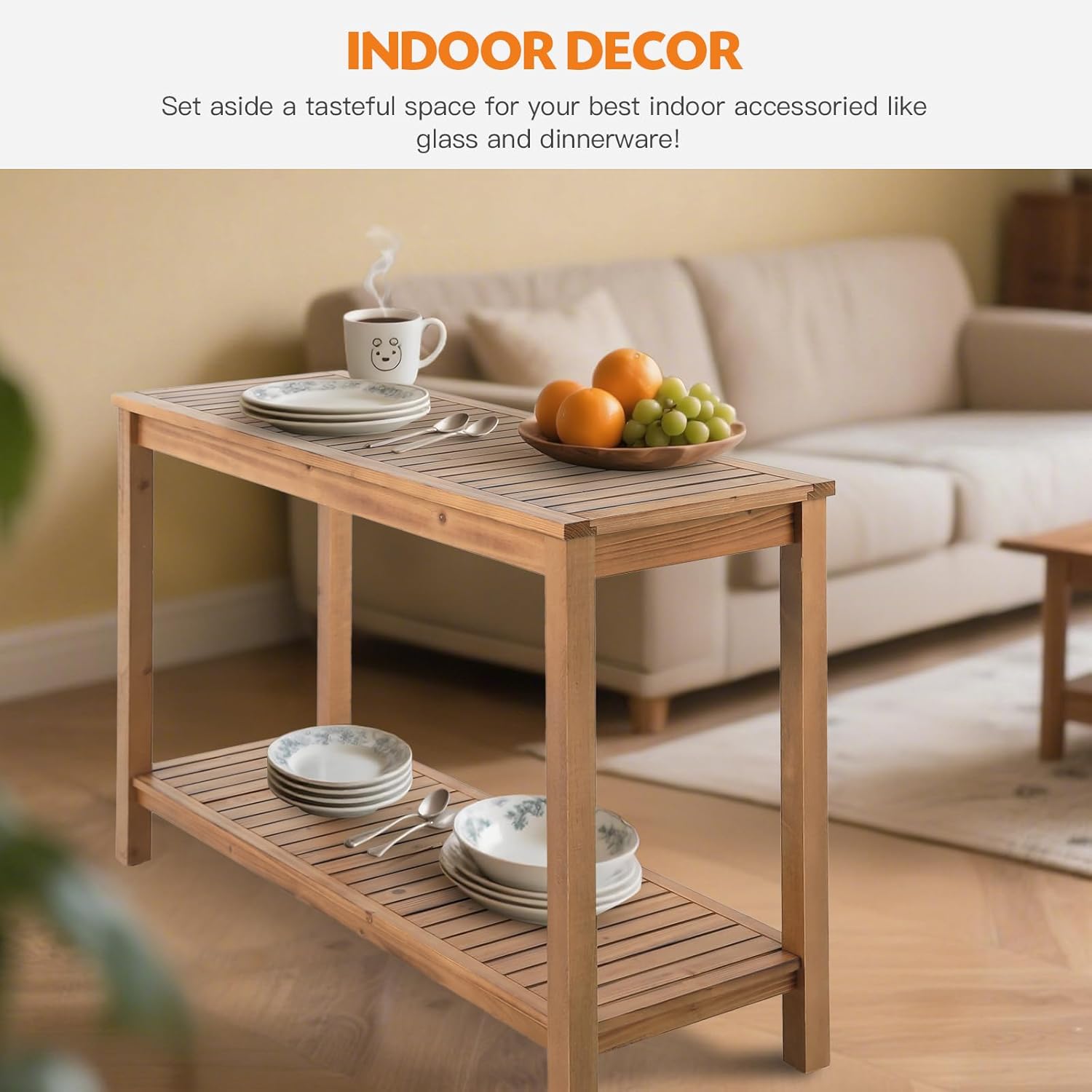 46'' Side Table Indoor/Outdoor Use, Wooden Patio Console Table 2 Shelf, Multifunctional Buffet Table Bar Storage Organizer for Entryway/Yard (Brown) image 5 of 9 B0FDGCTKFV