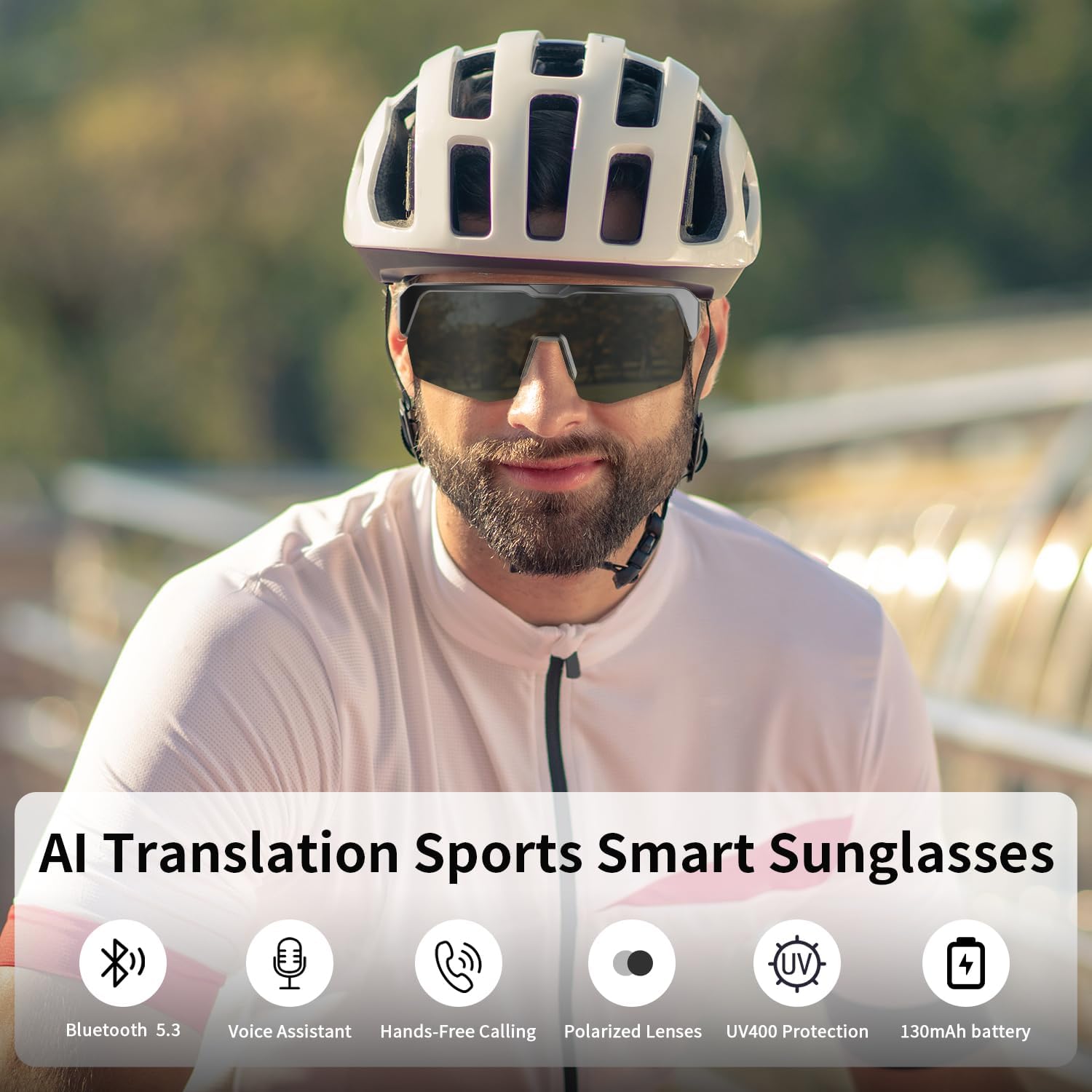 Cycling AI Smart Glasses for Men Women, AI Translator Powered by ChatGPT, Support 160+ Languages, Bluetooth Running Sunglasses with Polarized Lenses for Sports Outdoor Activities（Siliver）