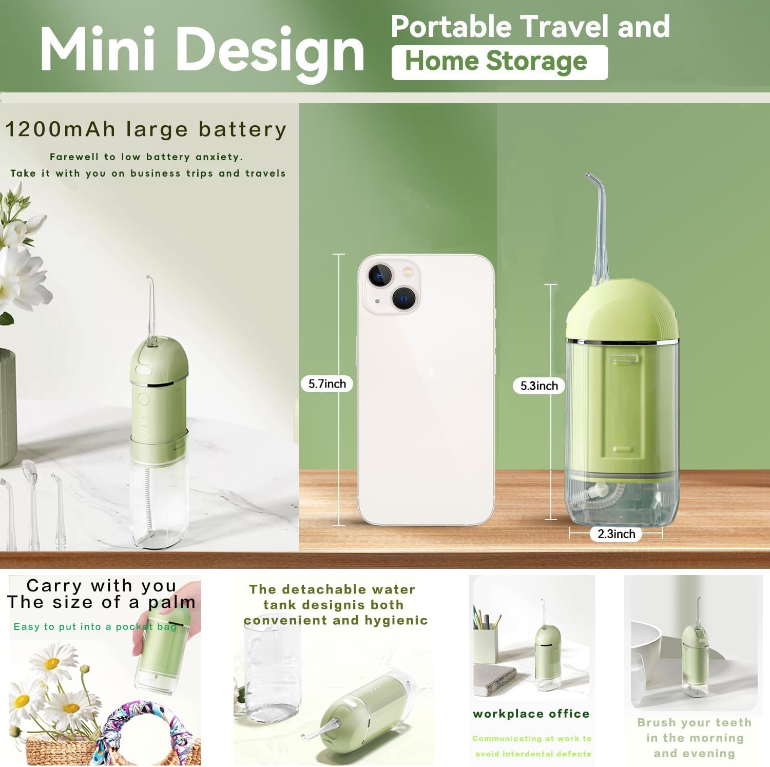 Water Flosser [ Mini Cordless Portable ] Oral Irrigator Water Teeth Cleaner Pick, Telescopic Water Tank, 3 Modes & IPX7 Waterproof, Home & Travel Water Floss for Teeth, Braces Bridges Care (Green)