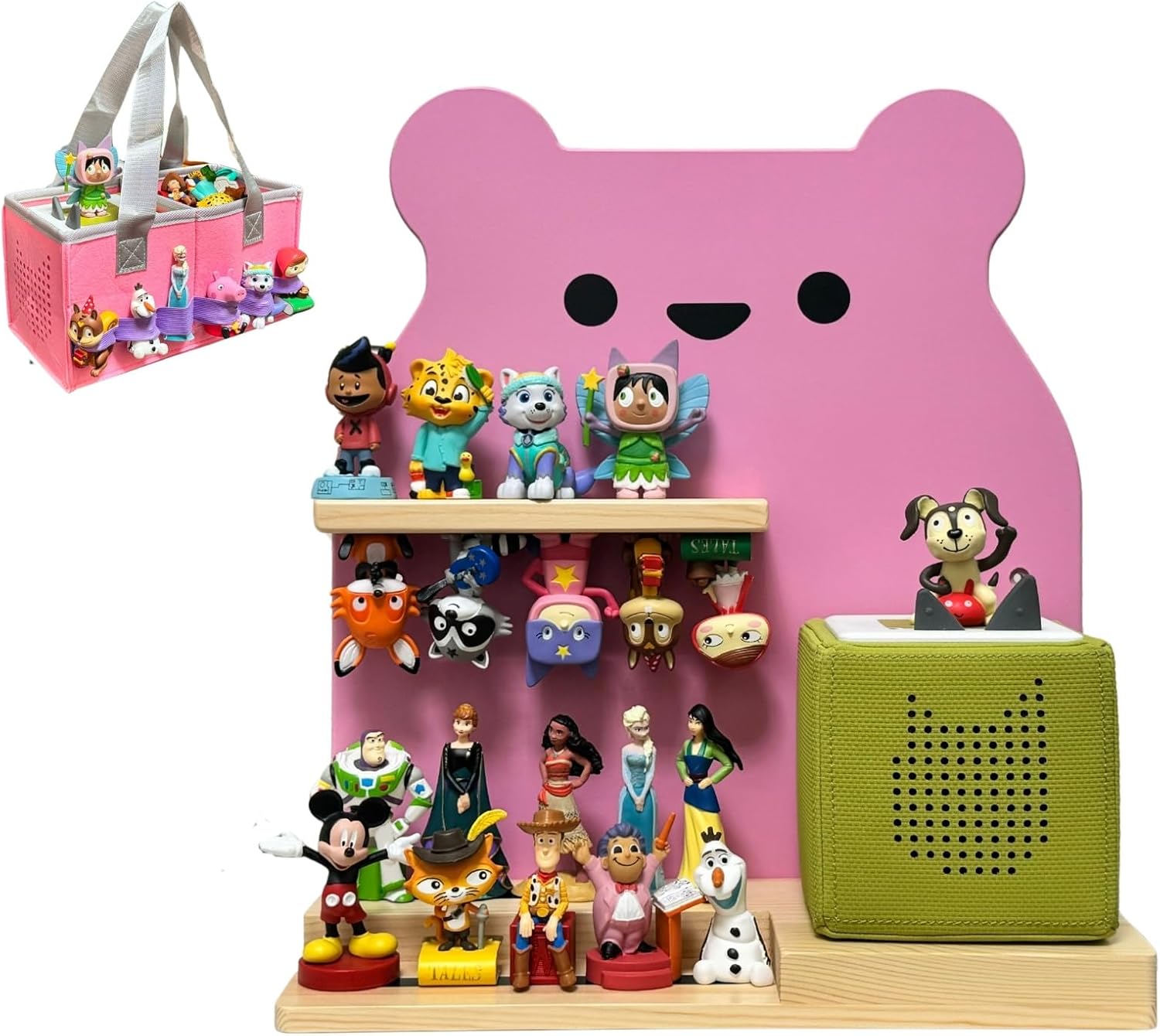 Tonie Shelf for Toniebox, Cute Bear Tonie Shelf Wall Mounted Set,Tonie Figures Tonie Storage,Magnetic Wooden Floating Shelves Compatible with Tonie Box Player Character for Children Room (Pink)