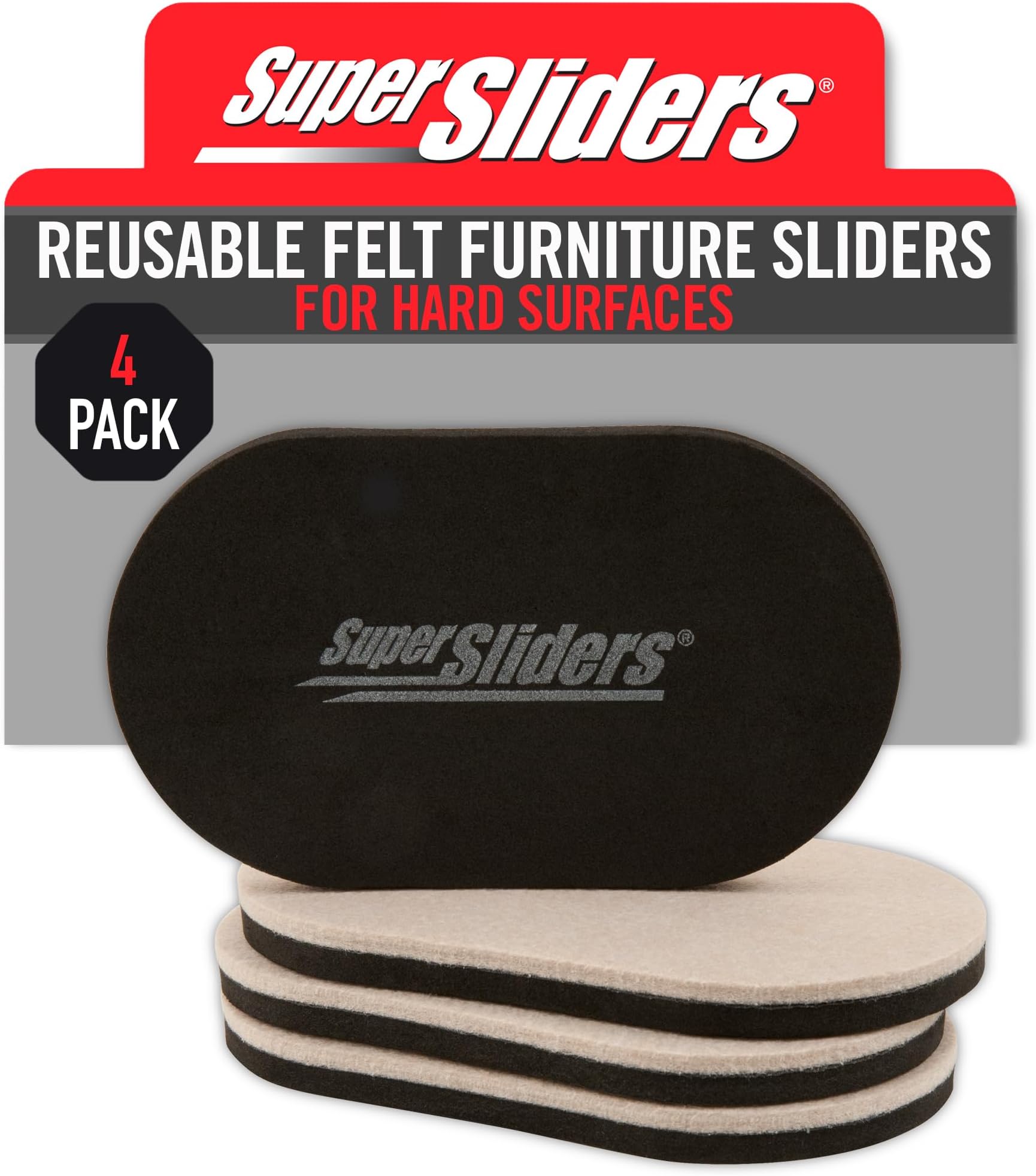 Super Sliders 3-1/2" x 6" Small Oval Reusable Felt Furniture Sliders for Hard Surfaces, Anti-Slip Protective Furniture Moving Pads for Beds, Sofas, Dressers, Set of 4, Beige