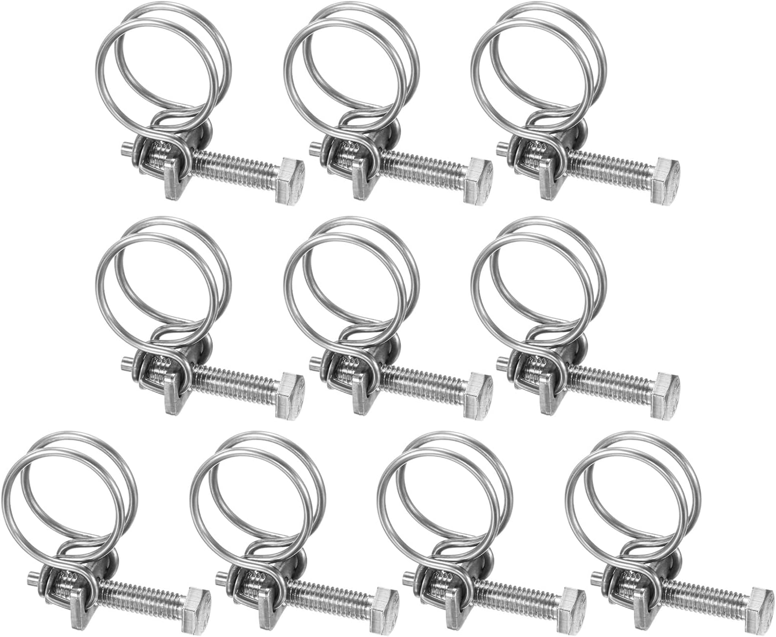 10-Pack Double Wire Hose Clamp, 18-22mm 304 Stainless Steel Hose Clips Pipe Tube Clamps with M6 Bolt Adjustable for Dust Collection Hose/Pump/Rubber/PVC Pipe Connect [Silver]