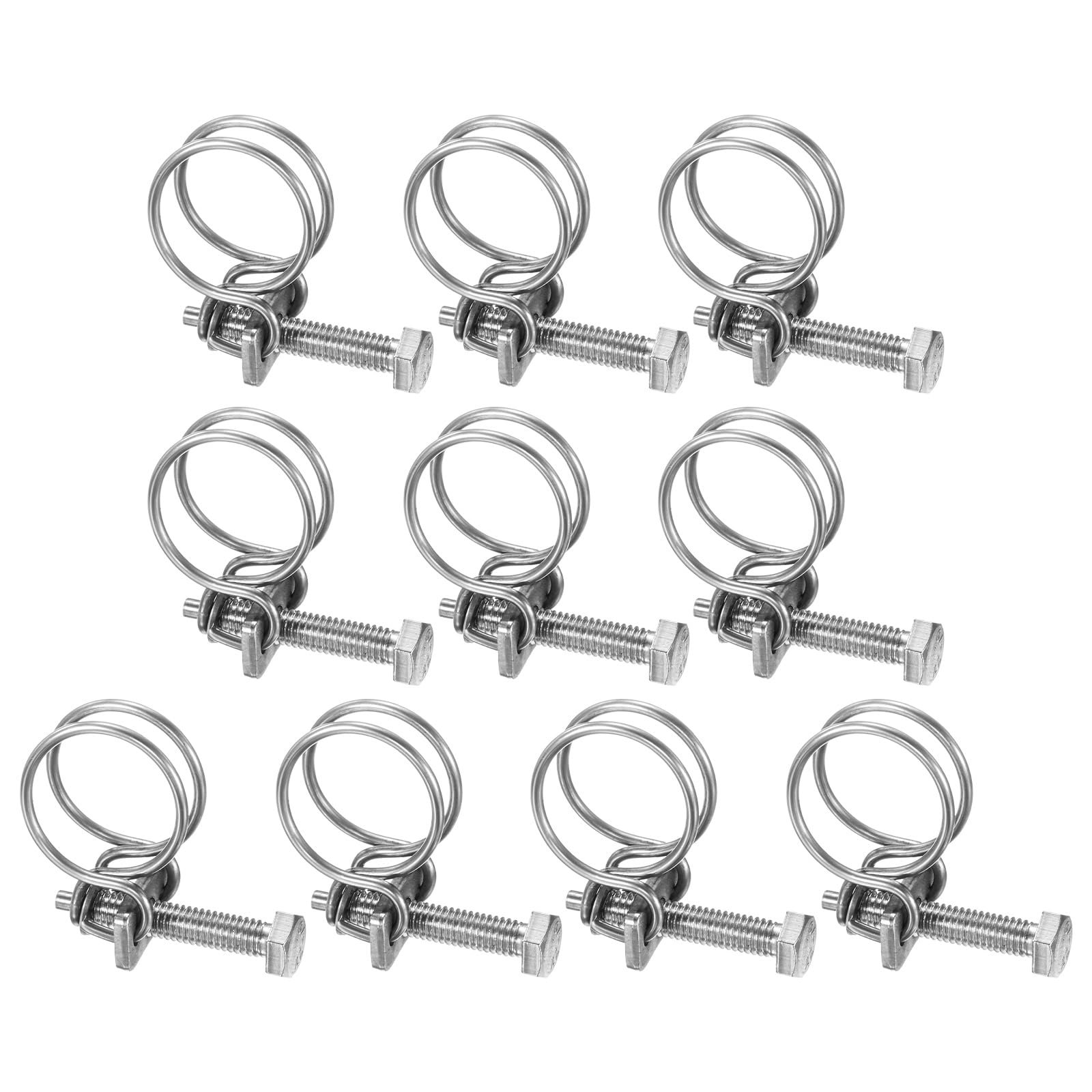 10-Pack Double Wire Hose Clamp, 18-22mm 304 Stainless Steel Hose Clips Pipe Tube Clamps with M6 Bolt Adjustable for Dust Collection Hose/Pump/Rubber/PVC Pipe Connect [Silver]