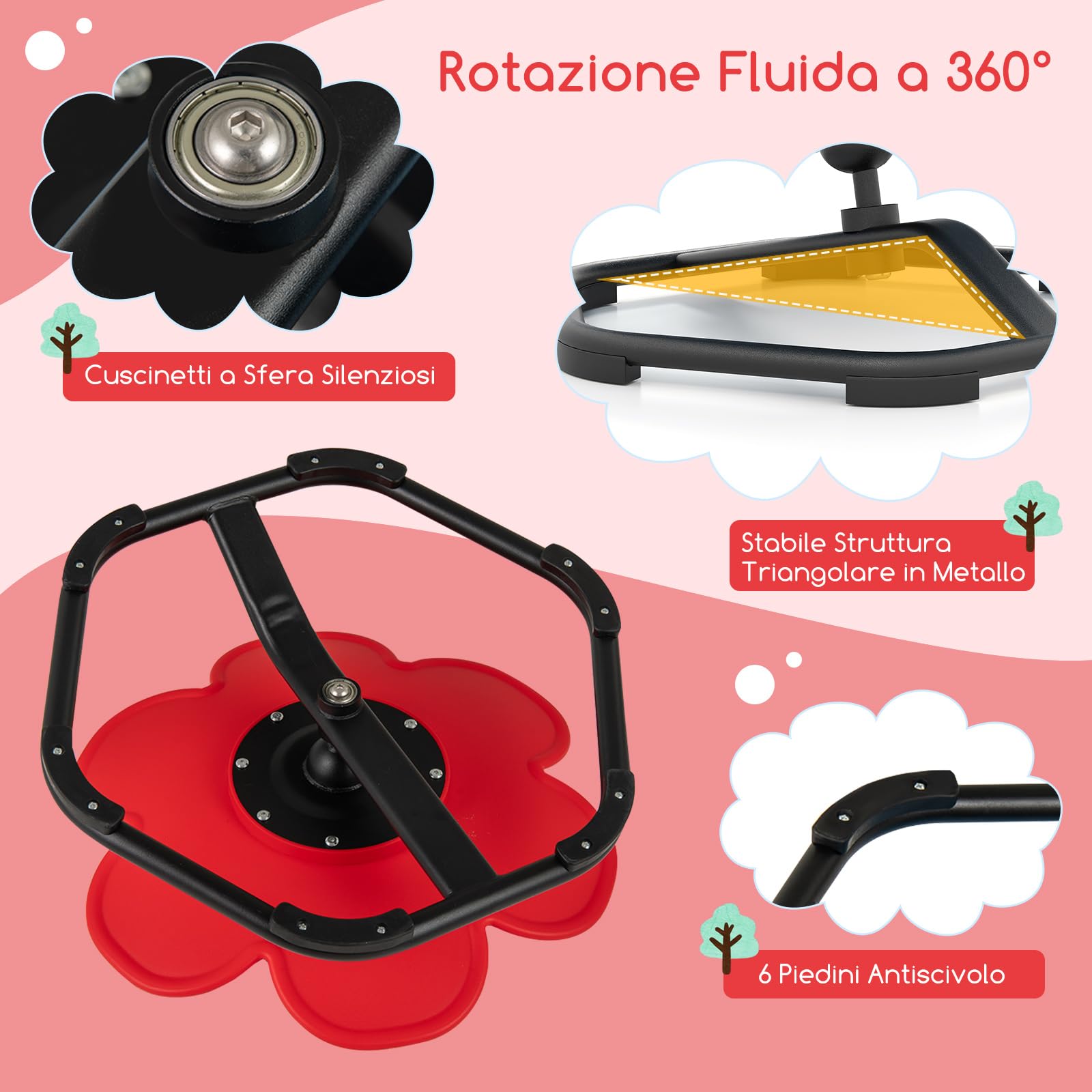 COSTWAY Sedia Girevole a 360° per Bambini, Sedia Sensoriale con Base in Metallo Antiscivolo per Allenare la Coordinazione Fisica e l'Equilibrio, Giocattolo per Cameretta (Rosso,Fiore)