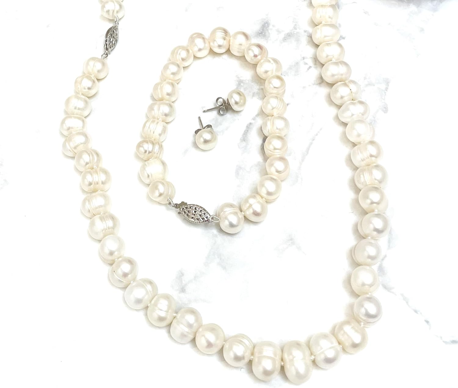 Pierre Lorren Original Baroque Japanese Akoya White Pearl Necklace-AAA quality & South Sea Pearl Bracelets gift for her Individually Pure Silk Knotted Mothers Day Easter gift for her Silver 18kT GOLD