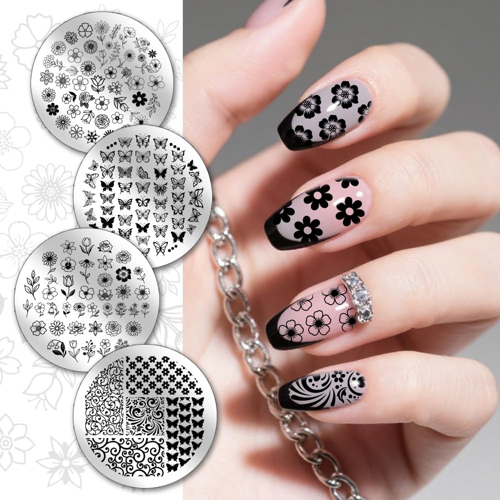 PH PandaHall 4pcs Plaques de Stamping pour Ongles Fleurs Miniatures Pochoirs pour Ongles Petites Feuilles Papillons Modèles de Nail Art Plaque Image Acier Inoxydable avec Outil pour Printemps Manucure