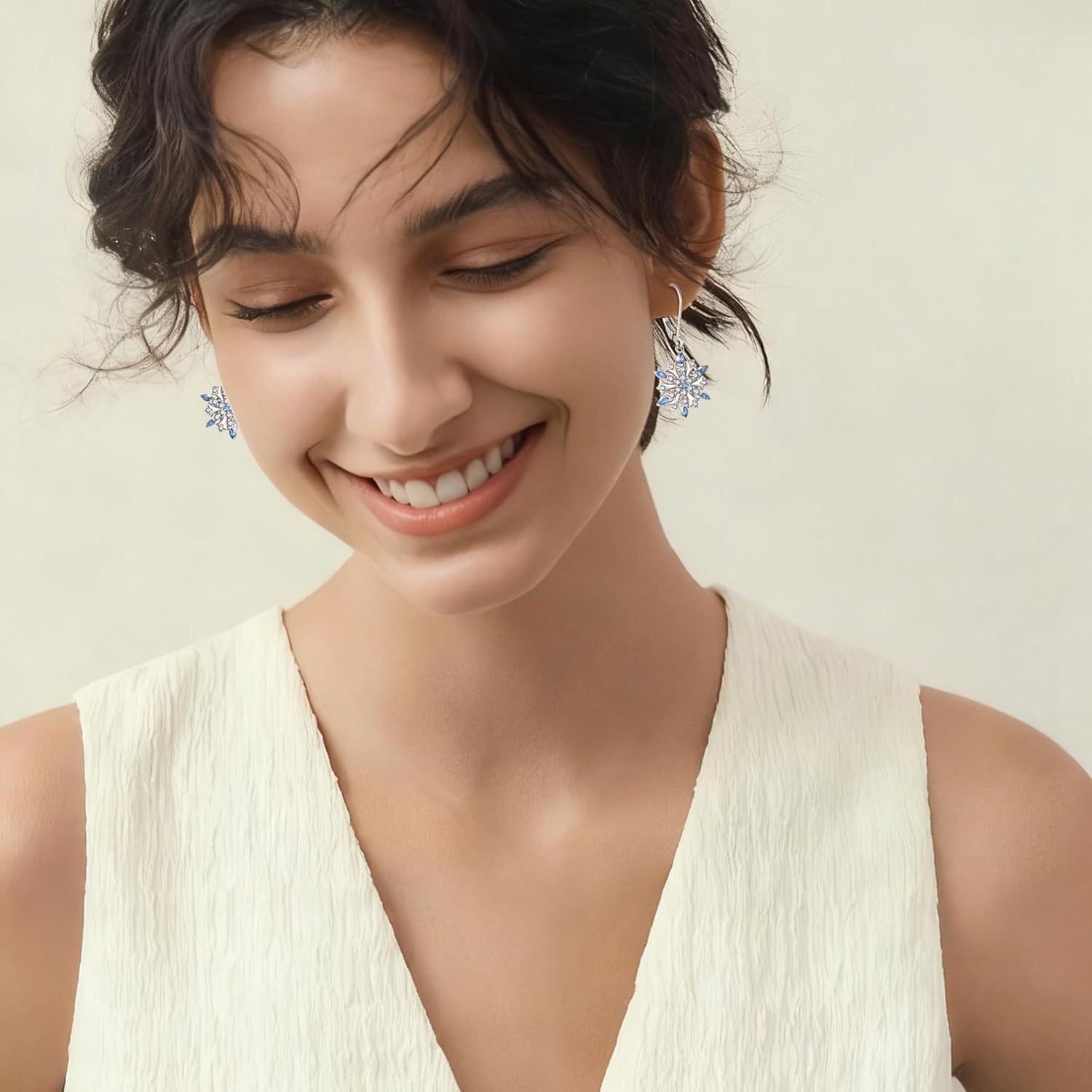 FJ Snowflake Earrings 925 Sterling Silver Aquamarine Dangle Drop Earrings Winter Frozen Christmas Jewelry for Women - Image 2