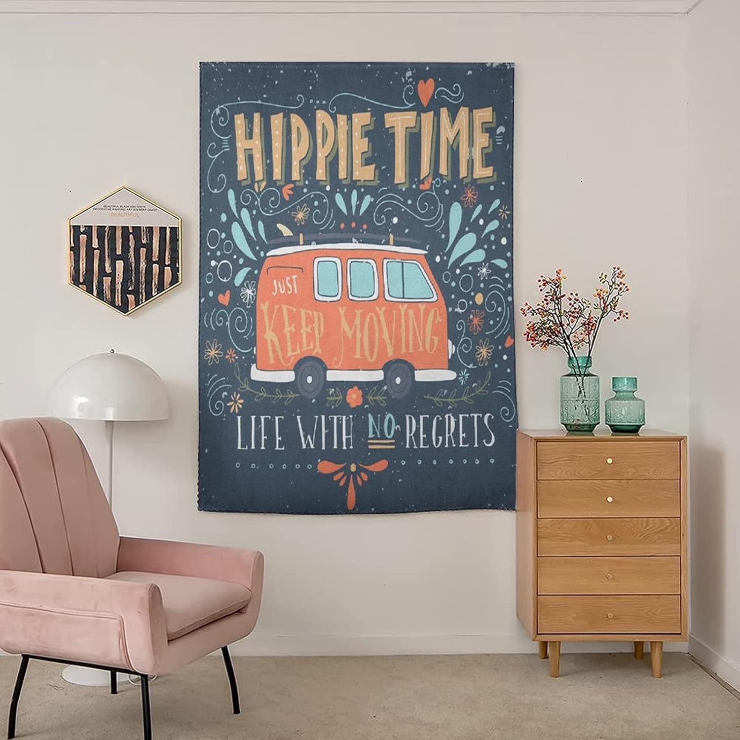 Travel Windows Blackout Curtain, Hippie Curtain Shades, Hippie Motivational Inspiring Quote Flowers Dots and Drop Print Adjustable Temporary Blackout Shades,59W x84L Inch, for Kitchen Bathroom