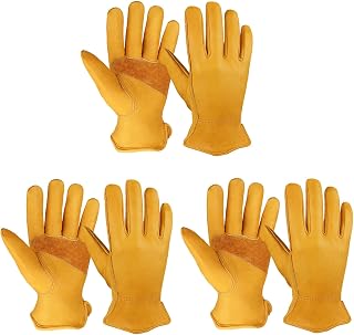 OZERO 3 Pairs Heavy Duty Leather Work Gloves for Men Women - Cut Resistant Thorn Proof Cowhide Gardening Mechanic Driving Large