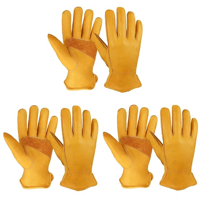 OZERO Leather Work Gloves for Men Cowhide Gardening Gloves with Reinforced Palm Flexible Keystone Thumb Elastic Wrist