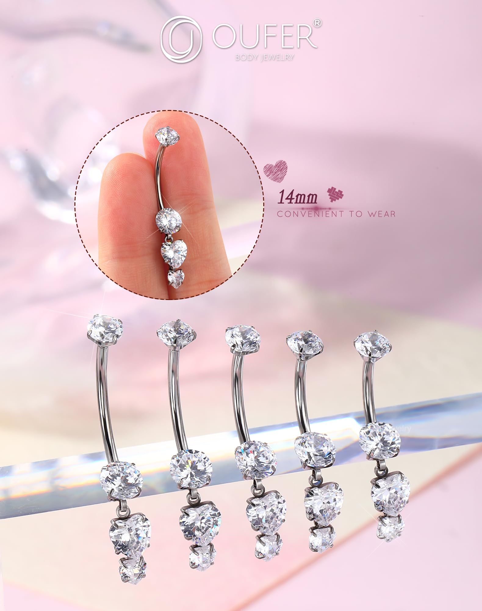 OUFER 14G Titanio G23 Piercing Ombelico Filettatura Interna Cuore Piercing Ombelico Anello Pendente 8/10/12/14/16 mm Belly Bar CZ Trasparente Piercing Ombelico Cerchio Donna