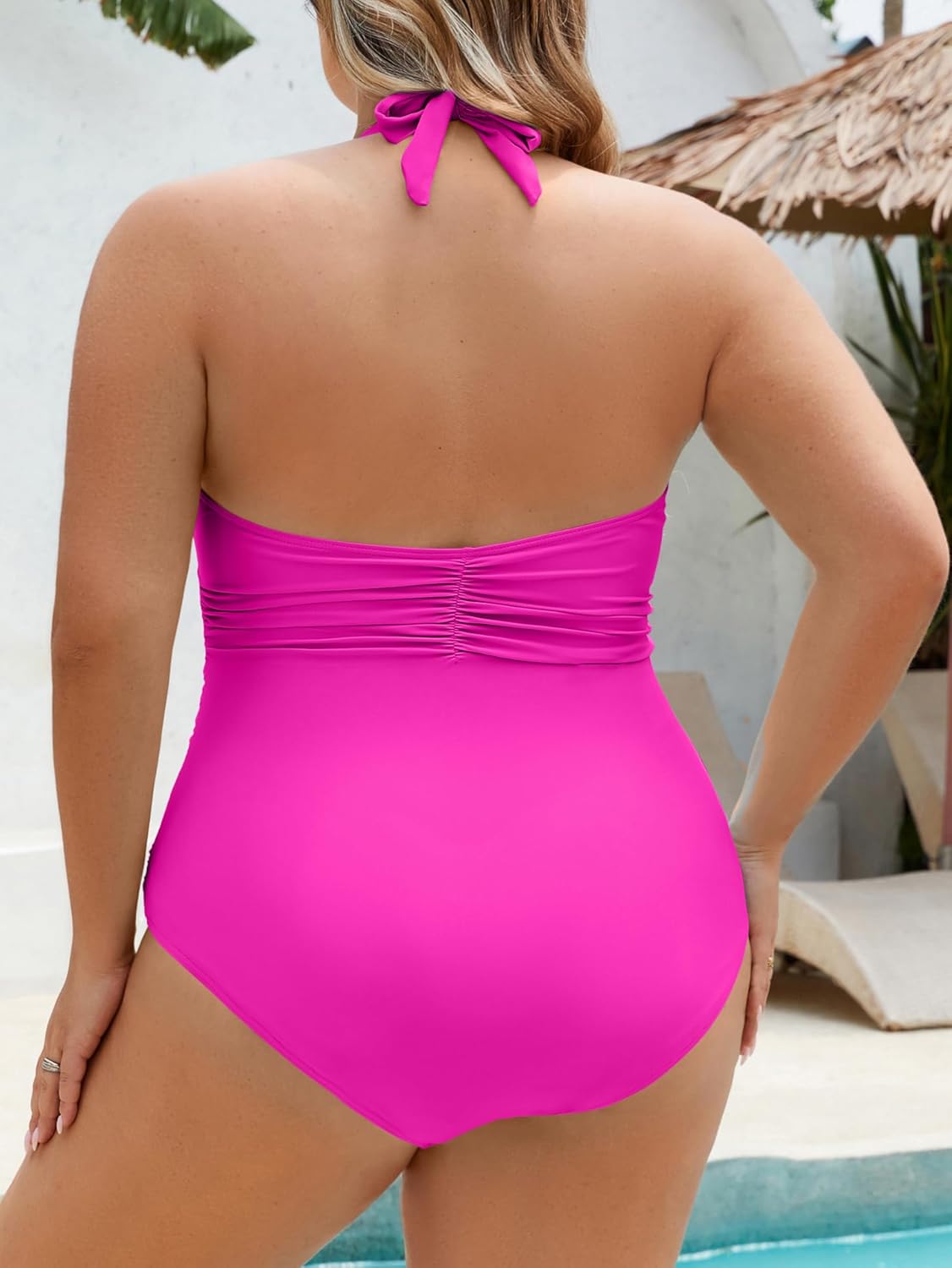 B2prity Women's Plus Size One Piece Swimsuit Tummy Control Ruched Slimming Bathing Suit Halter V Neck Swimwear - Image 3