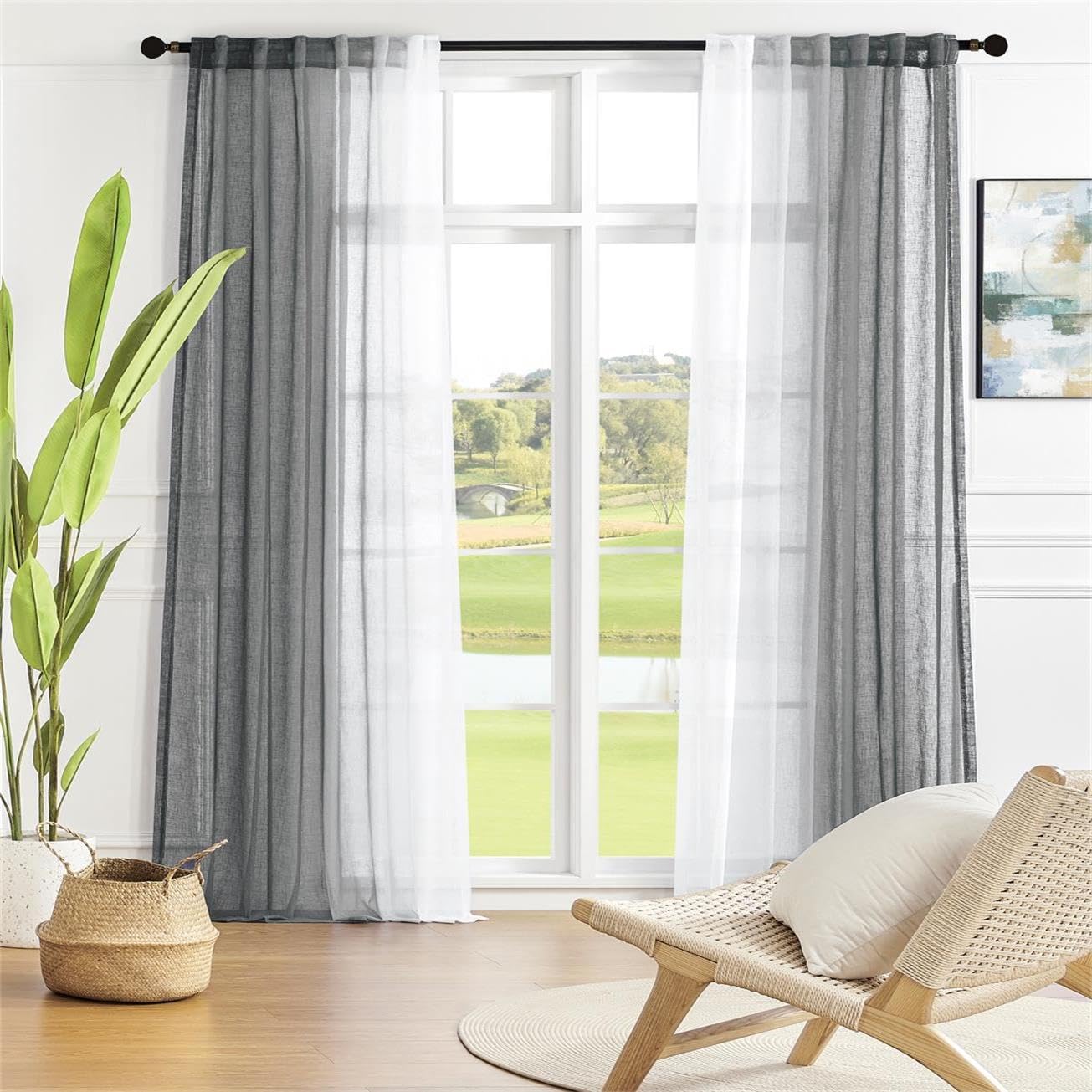 MIUCO Ombre Linen Curtains 84 Inches Long for Bedroom Living Room, Grey ...