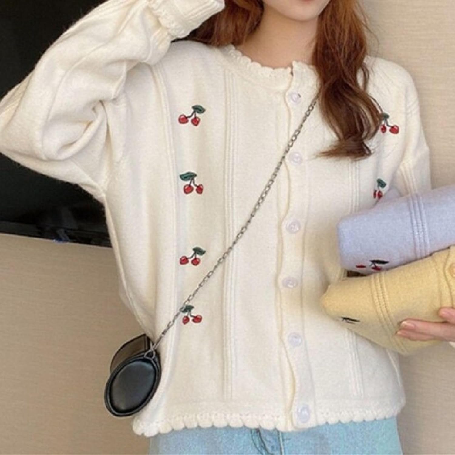 Xunger Women's Cherry Embroidery Knit Cardigan Soft Lightweight Long Sleeve Sweater Coat Cute Loose-Fit Round Neck Blouse - Image 3