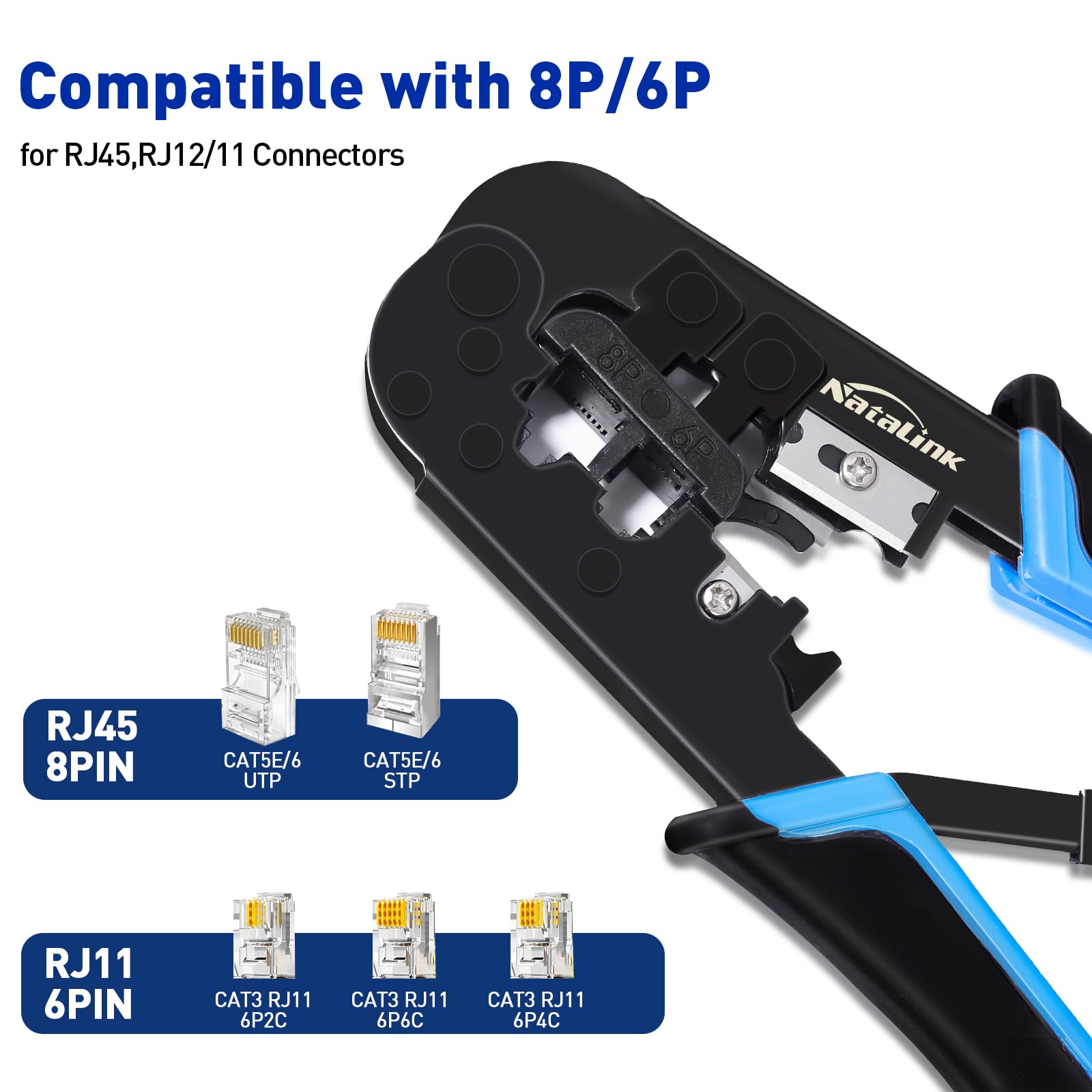RJ45 Crimpzange Ethernet Crimper Tool Kit Cat 6 Cat 5E Cat 5 Crimpzange mit Netzwerkkabeltester, Drahtschneiderzange, Mini Kabelabisolierzange, 50 Stück Cat 5E Stecker und