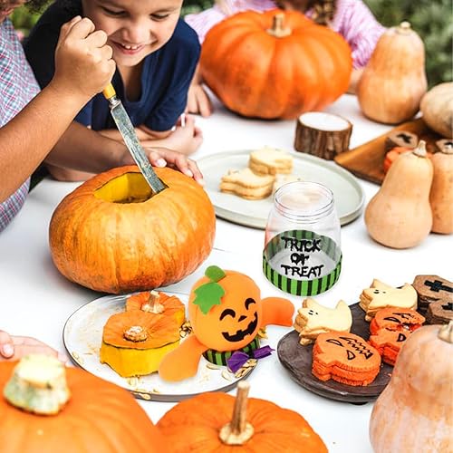 Miniatura 9 de Luxshiny Tarros de dulces de Halloween, tarros de galletas de plástico con tapa de muñeca de felpa, pequeño recipiente de almacenamiento de dulces