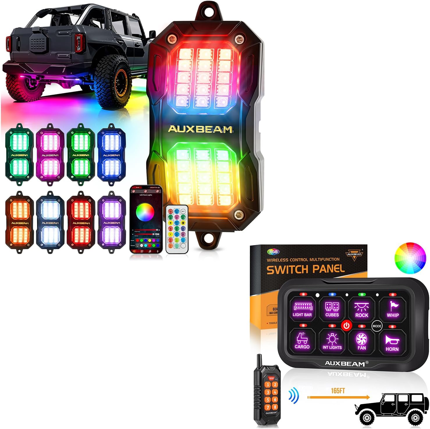 Auxbeam 8 Pods RGB LED Rock Lights w/Brake Mode and 8 Gang Switch Panel Wireless Remote Control Up to 165FT Featuring 3 Lighting Modes Backlit Off