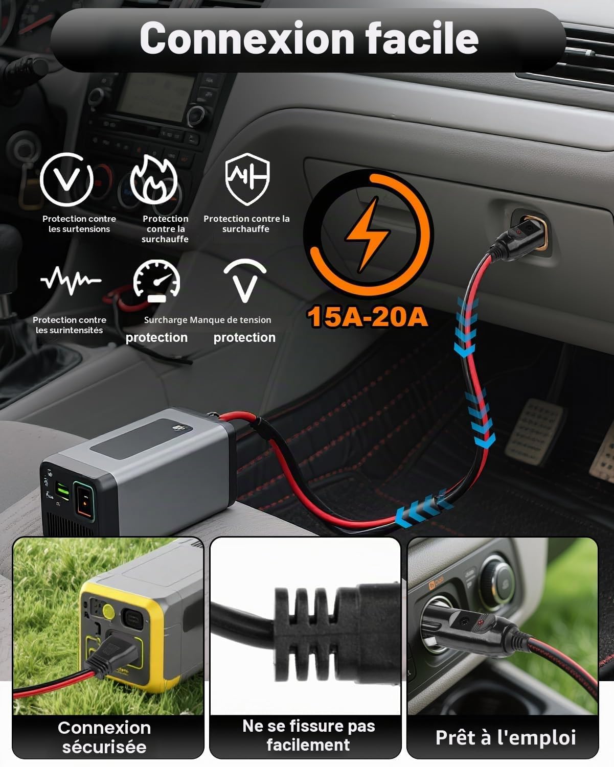 Adaptateur XT60 12V/24V DC pour ECOFLOW, chargeur de voiture 3M vers XT60 pour DELTA Delta 3 2 Max Bluetti EB55 Anker 757 767 SOLIX C200 C300 C1000 Générateur solaire XT60 Plug 16AWG Câble de charge