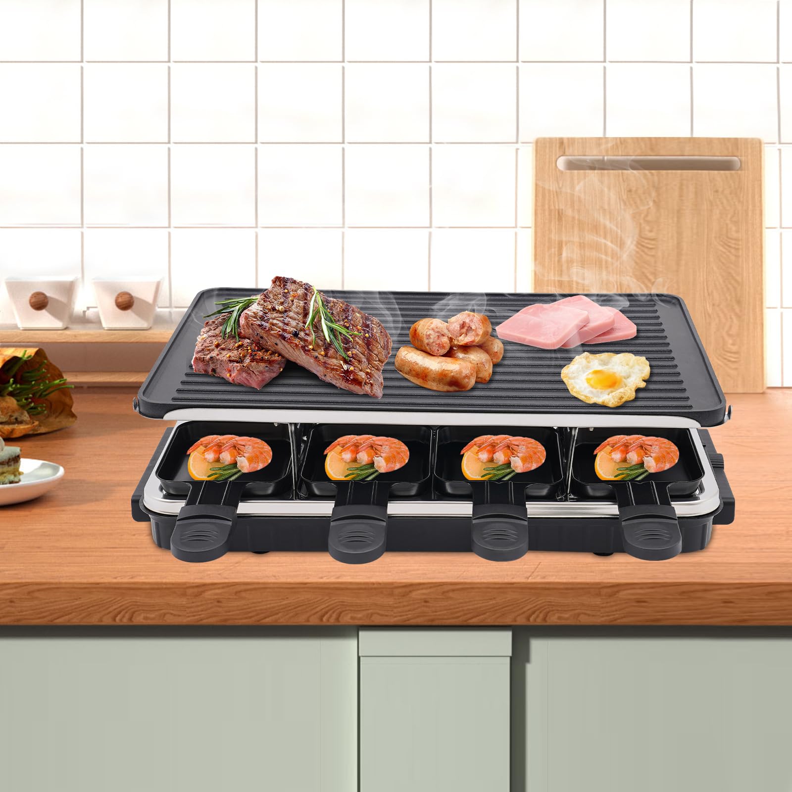 Elektryczny grill stołowy z łopatką i 9 płytami do pieczenia, idealny na imprezę dla rodziny i przyjaciół