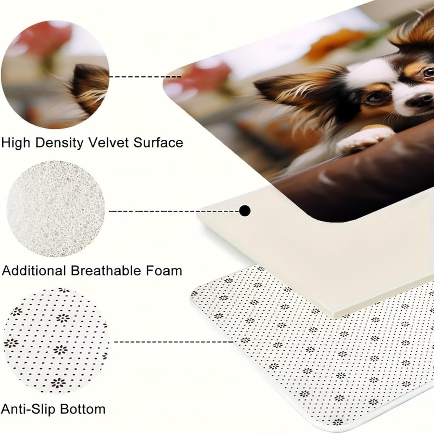 Papillon Lying on Tummy Kitchen Mat Set of 3 Waterproof Floor Mats Non-Slip Kitchen Rugs Premium Flannel Rug Heavy Duty Standing Mat for Kitchen Home Bathroom Laundry